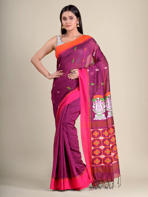 

Mitera Magenta Pink & Orange Hand Woven Ethnic Motifs Pure Cotton Saree