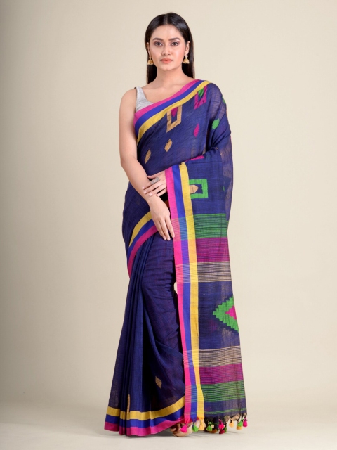 

Mitera Navy Blue & Green Hand Woven Pure Cotton Saree