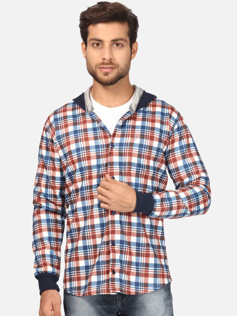 

BULLMER Men Maroon & Navy Blue Opaque Checked Brushed Fleece Hooded Casual Shirt