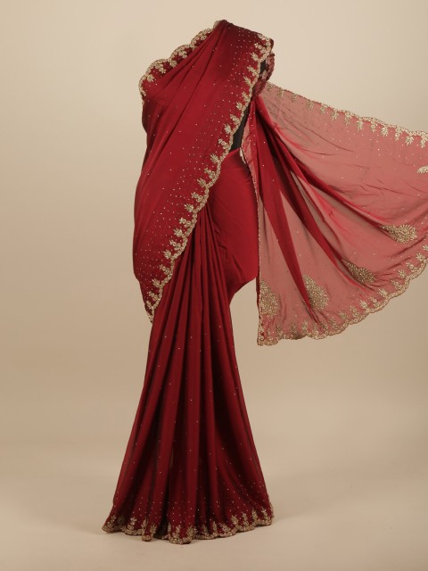 

Pothys Maroon & Gold-Toned Embroidered Beads and Stones Saree