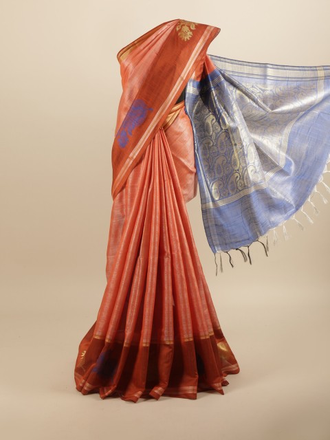 

Pothys Peach-Coloured & Blue Woven Design Jute Silk Saree