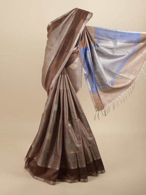 

Pothys Brown & Blue Striped Zari Jute Silk Saree