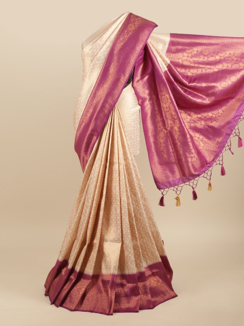 

Pothys Cream-Coloured & Pink Woven Design Art Silk Banarasi Saree
