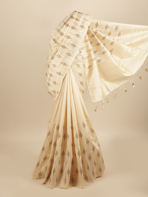 

Pothys Cream-Coloured & Gold-Toned Embellished Embroidered Art Silk Saree