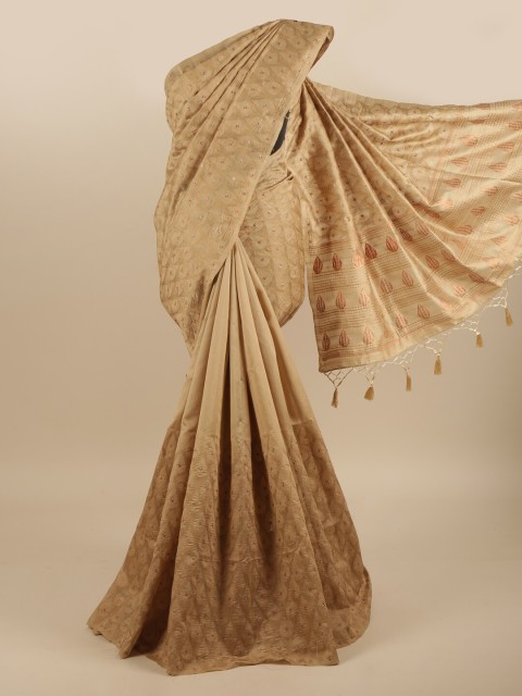

Pothys Cream-Coloured & Gold-Toned Embellished Embroidered Art Silk Saree