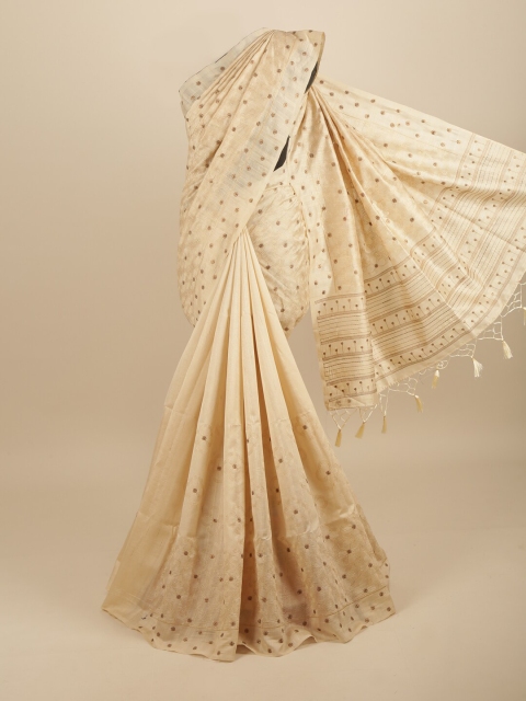 

Pothys Cream-Coloured & Gold-Toned Embellished Embroidered Art Silk Saree