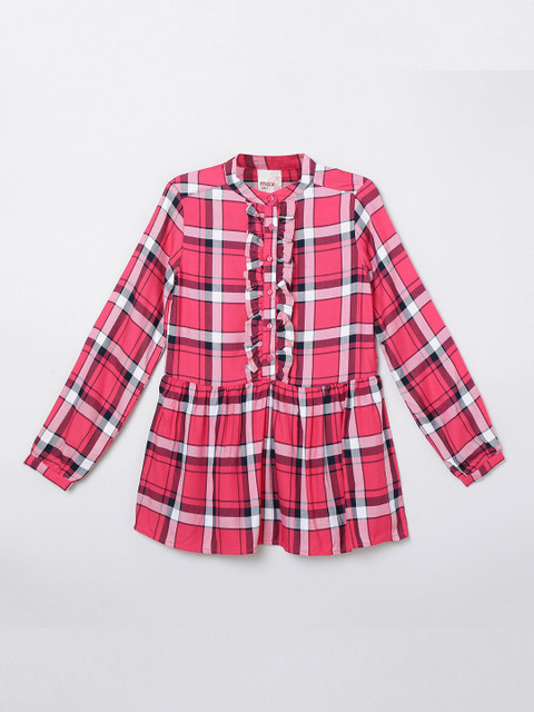 

max Girls Pink & White Mandarin Collar Checked Tunic