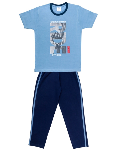 

Todd N Teen Boys Blue & Navy Blue Printed T-shirt with Pyjamas