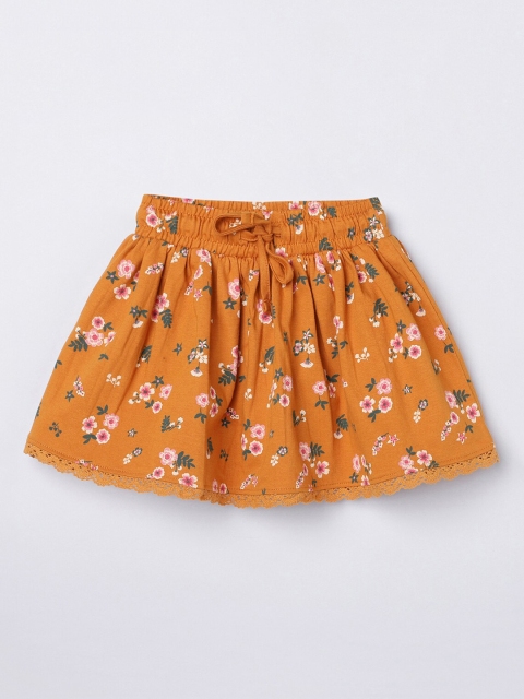 

max Girls Brown & Pink Floral Printed Pure Cotton Flared Mini Skirt