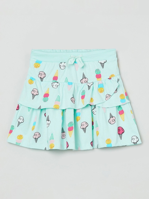 

max Girls Blue & Pink Printed Pure Cotton Tiered Knee-Length Skirt