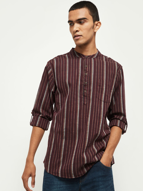 

max Men Maroon & Beige Striped Cotton Short Kurta
