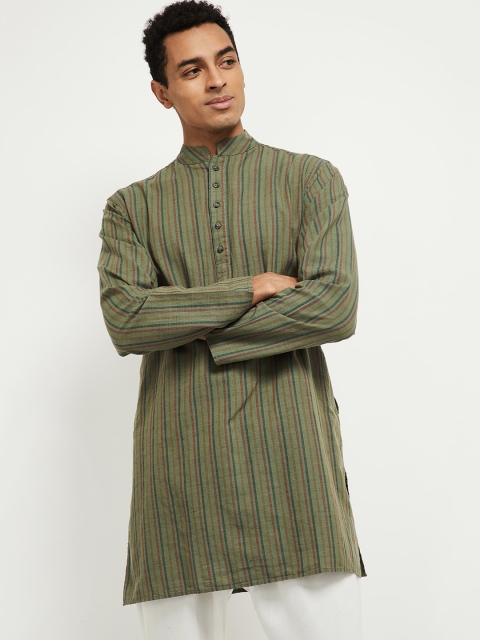 

max Men Green & Maroon Striped Regular Cotton Kurta