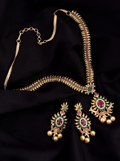 

Saraf RS Jewellery Gold-Plated Pink & Green Studded & Beaded Jewellery Set