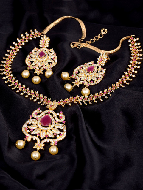 

Saraf RS Jewellery Gold-Plated White & Pink AD-Studded & Beaded Handcrafted Jewellery Set