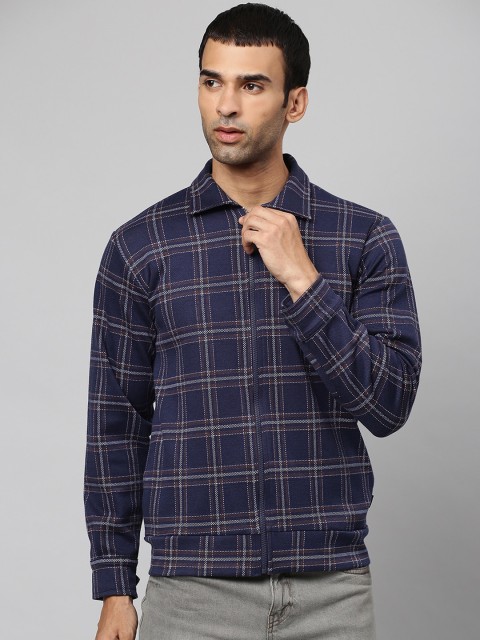 

Campus Sutra Men Navy Blue Cotton Checked Windcheater Crop Tailored Jacket