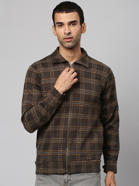 

Campus Sutra Men Olive Green Cotton Checked Windcheater Tailored Jacket