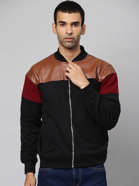 

Campus Sutra Men Black & Brown Cotton Colourblocked Windcheater Open Front Jacket