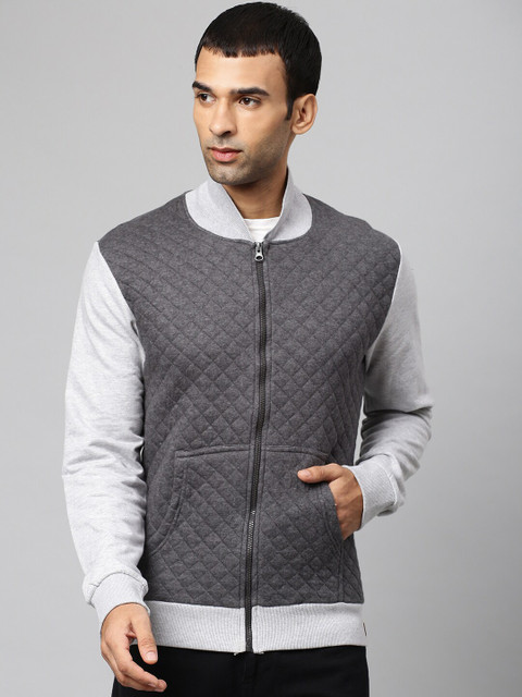 

Campus Sutra Men Charcoal White Cotton Windcheater Open Front Jacket