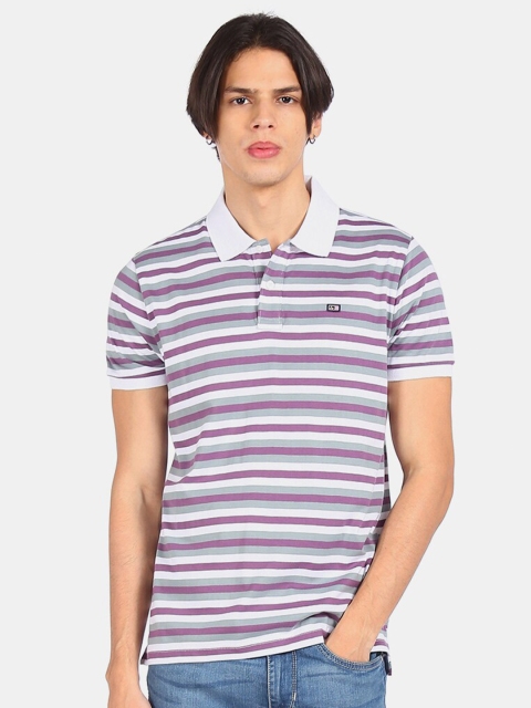 

Arrow Sport Men White Burgundy Striped Polo Collar Pure Cotton T-shirt