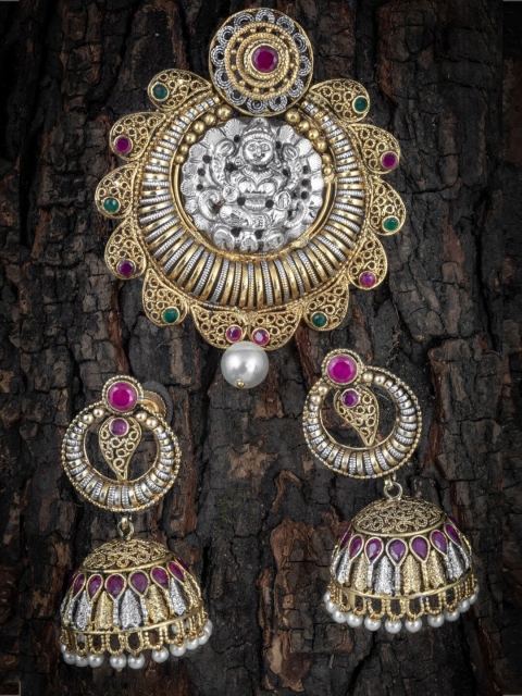 

Alankruthi Gold & Pink Antique Lakshmi Pendant & Earrings Set