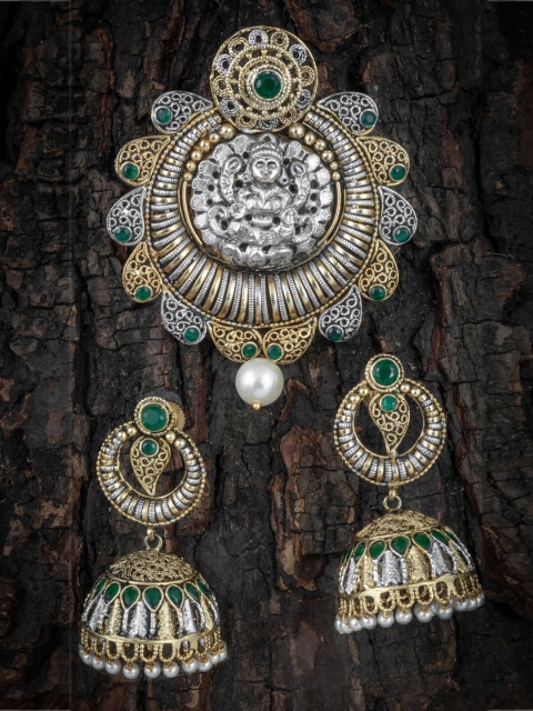 

Alankruthi Women Gold & Green Gold-Plated Lakshmi Temple Pendant With Earrings Set