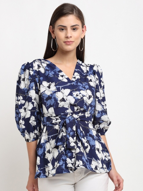 

emeros Navy Blue & White Floral Printed Tie-Waist Wrap Crepe Peplum Top