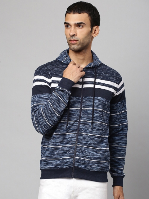 

Campus Sutra Men Blue Striped Cotton Hooded Sweatshirt