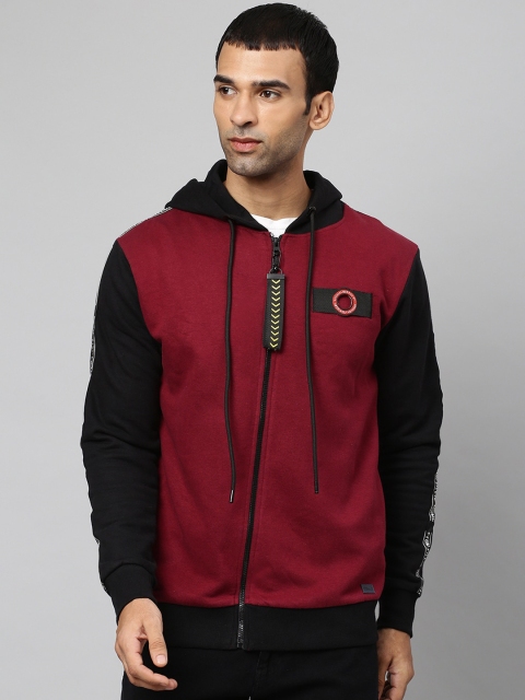 

Campus Sutra Men Maroon & Black Colourblocked Hooded Cotton Sweatshirt