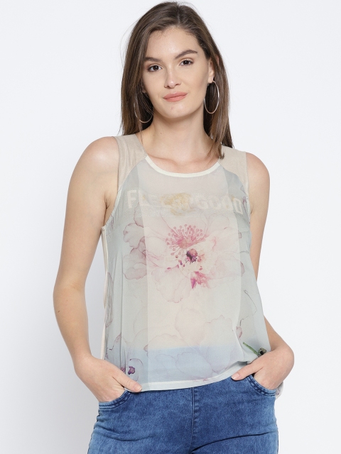 

ONLY Women Cream-Coloured Printed Sheer Tank Top
