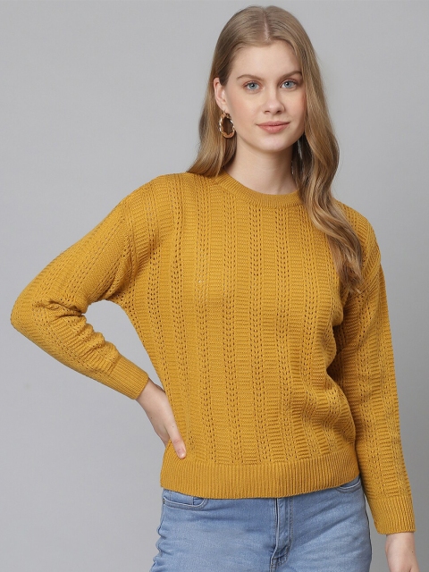 

Campus Sutra Women Mustard Striped Pullover