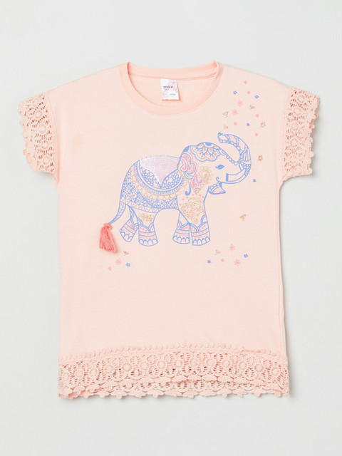 

max Girls Peach-Coloured Printed Regular Top
