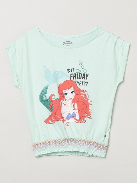 

max Sea Girls Green & Coral Disney Princess Printed Pure Cotton Blouson Top, Sea green