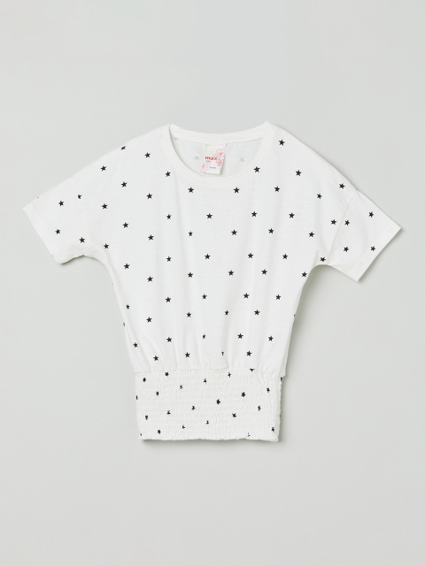 

max Girls White & Blue Printed Cotton Regular Top