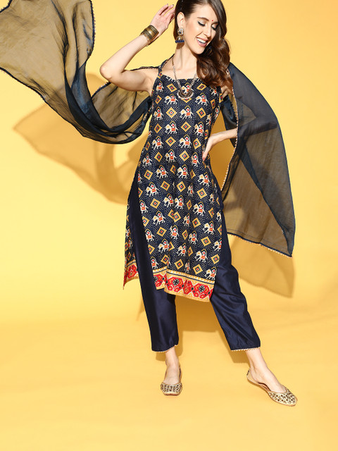 

Indo Era Cotton Blend Ethnic Motifs Kurta Set, Navy blue