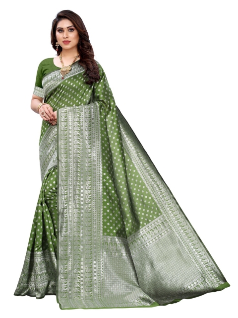 

KALINI Green & Silver-Toned Woven Design Zari Saree