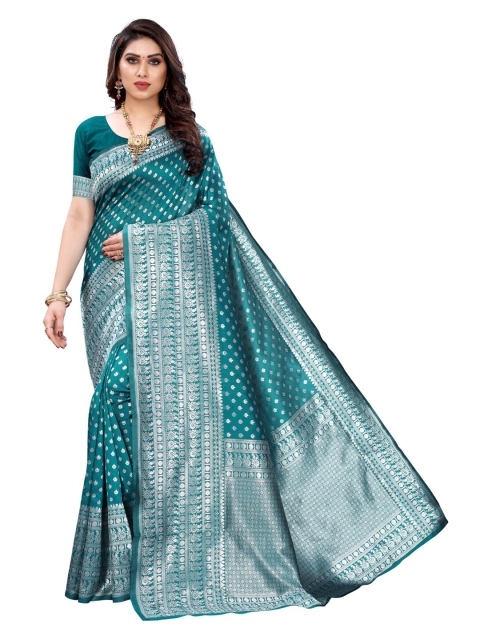 

KALINI Teal & Silver-Toned Woven Design Zari Saree