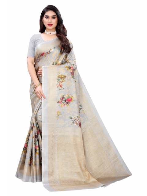 

KALINI Grey & Pink Woven Design Zari Art Silk Khadi Saree