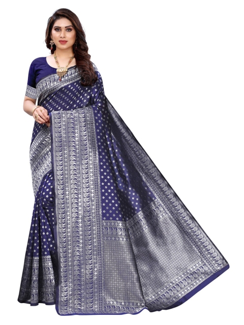 

KALINI Navy Blue & Silver-Toned Woven Design Zari Saree