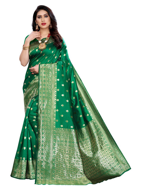 

KALINI Green & Silver-Toned Woven Design Zari Banarasi Saree