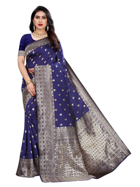 

KALINI Navy Blue & Gold-Toned Woven Design Zari Banarasi Saree
