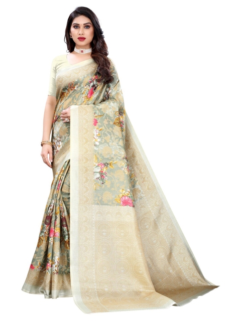 

KALINI Green & Pink Floral Zari Art Silk Khadi Saree