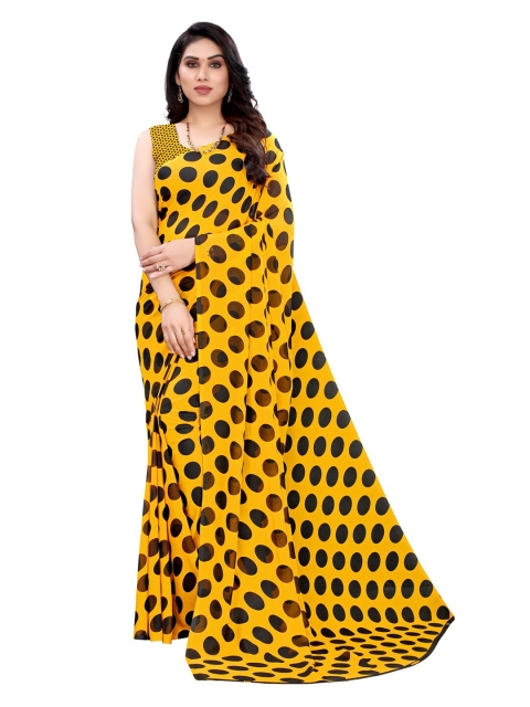 

KALINI Yellow & Black Polka Dot Printed Poly Georgette Saree