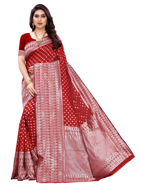 

KALINI Red & Silver-Toned Woven Design Zari Saree