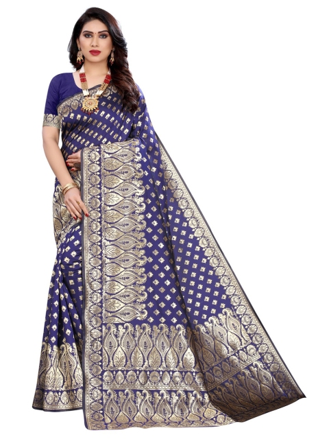 

KALINI Navy Blue & Silver-Toned Woven Design Zari Banarasi Saree