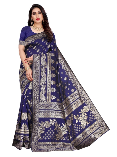 

KALINI Navy Blue & Gold-Toned Woven Design Zari Banarasi Saree