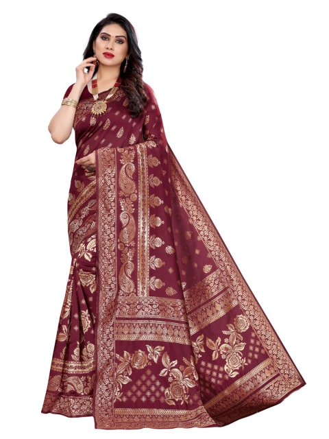 

KALINI Maroon & Gold-Toned Woven Design Zari Banarasi Saree
