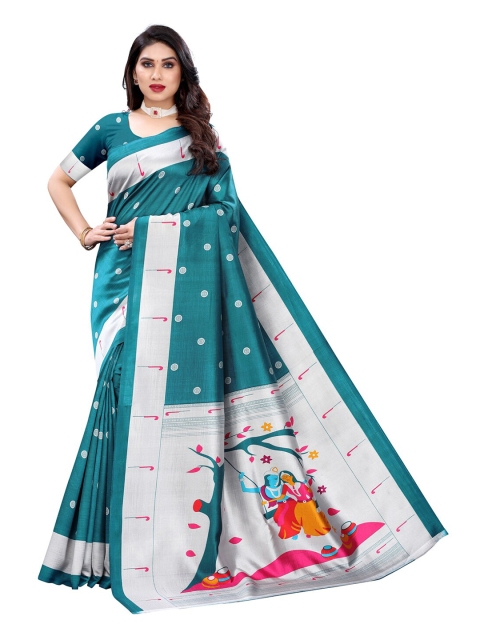 

KALINI Teal & Silver-Toned Ethnic Motifs Saree