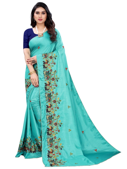 

KALINI Turquoise Blue & Yellow Floral Embroidered Saree
