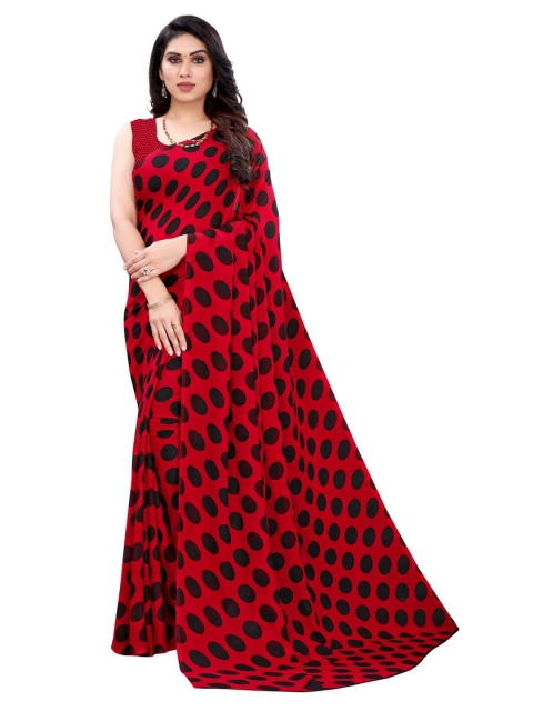 

KALINI Red & Black Polka Dot Printed Poly Georgette Saree