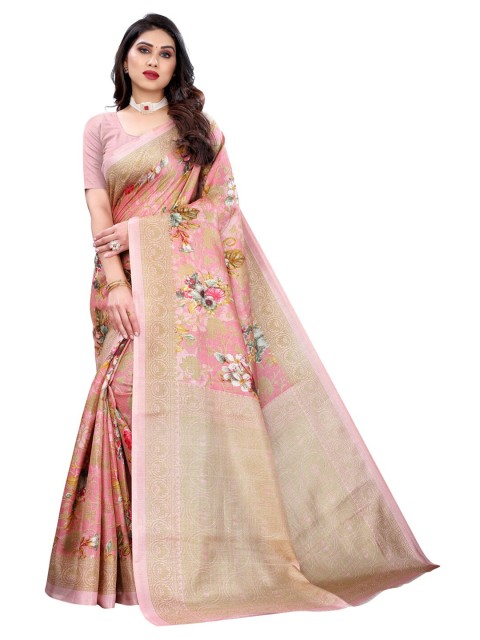 

KALINI Pink & Gold-Toned Floral Art Silk Saree